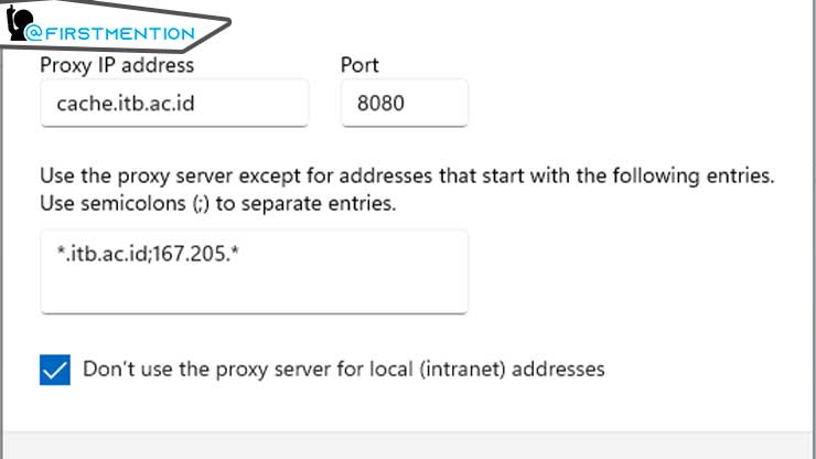 Lalu masukkan alamat proxy server serta port proxy internet ITB