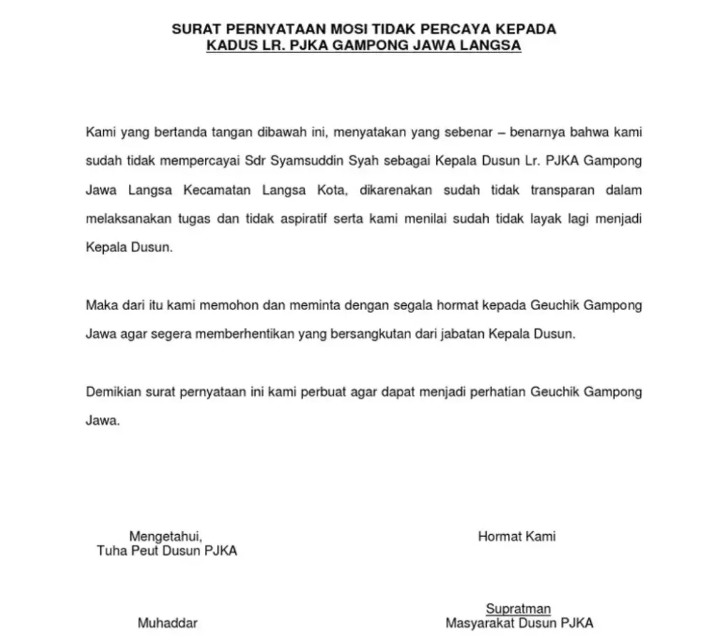 Cara Membuat Surat Pernyataan Mosi Tidak Percaya