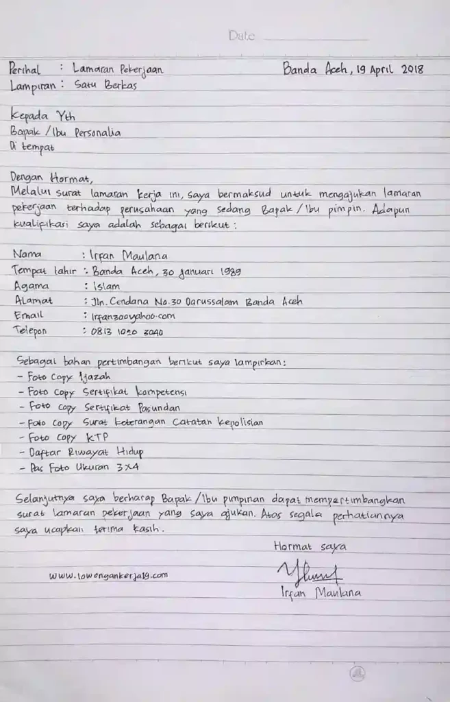 Contoh Surat Lamaran Tulis Tangan