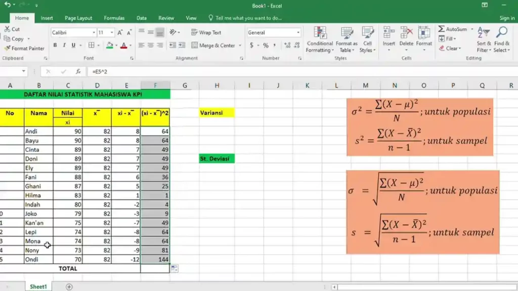 Contoh Penerapan Rumus Varians di Excel