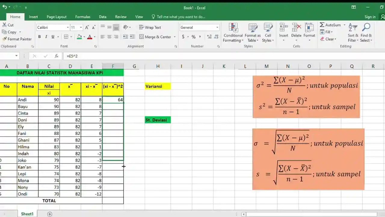 Rumus Varians di Excel